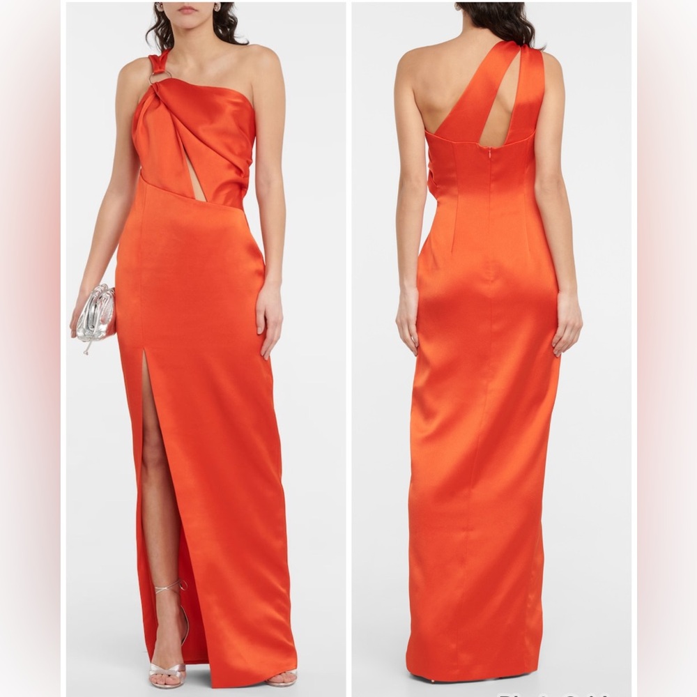 RASARIO Asymmetric Draped Gown in Satin Orange Maxi Dress